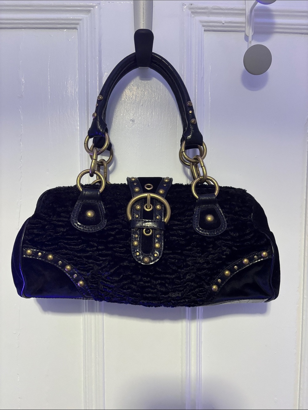 Y2Krazy !!!Studded Satchel Handbag with textured fur.